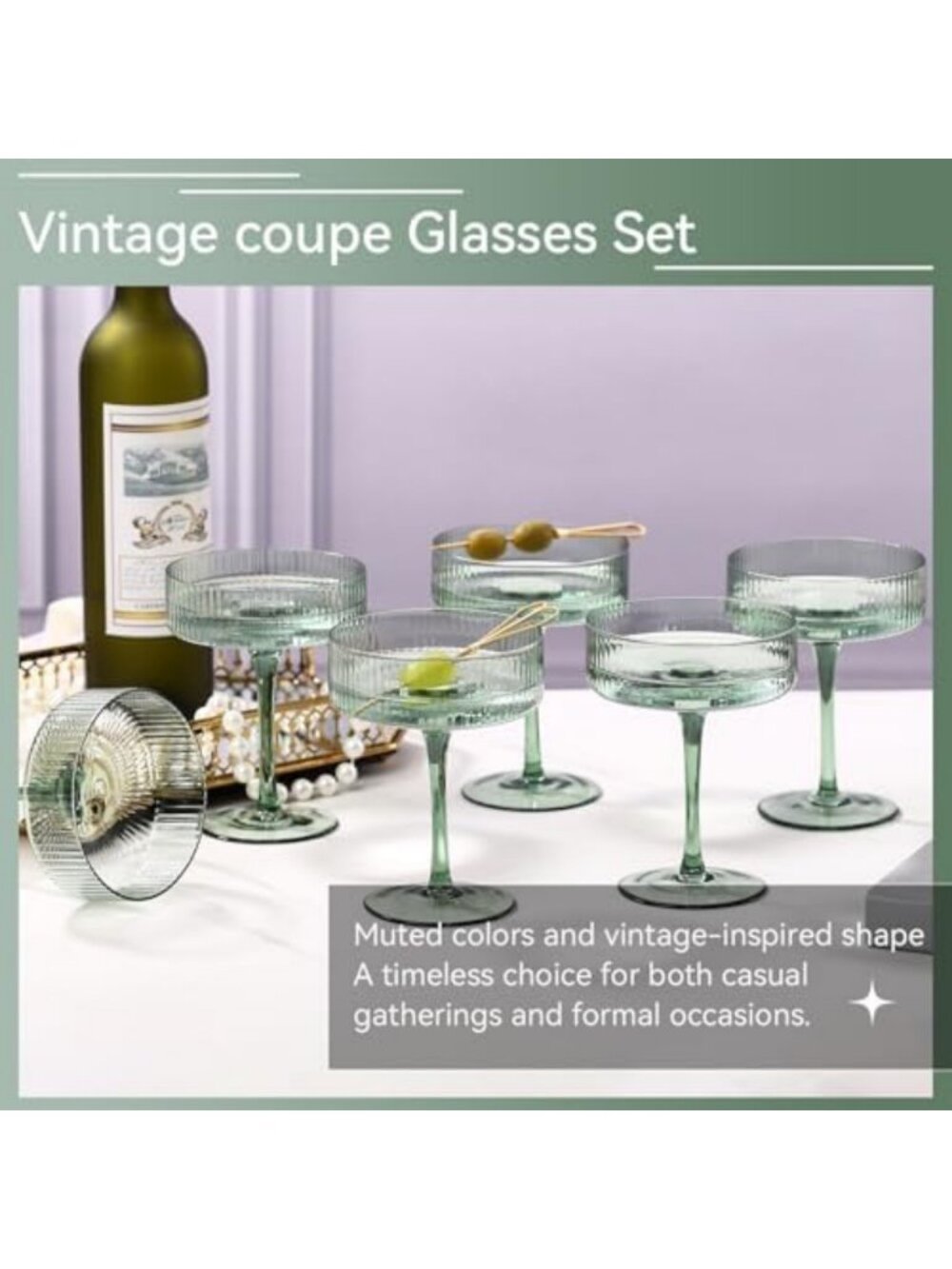 Set of 6 Vintage Green Coupe Glasses | Unique Martini & Cocktail Glassware - Picture 2 of 4